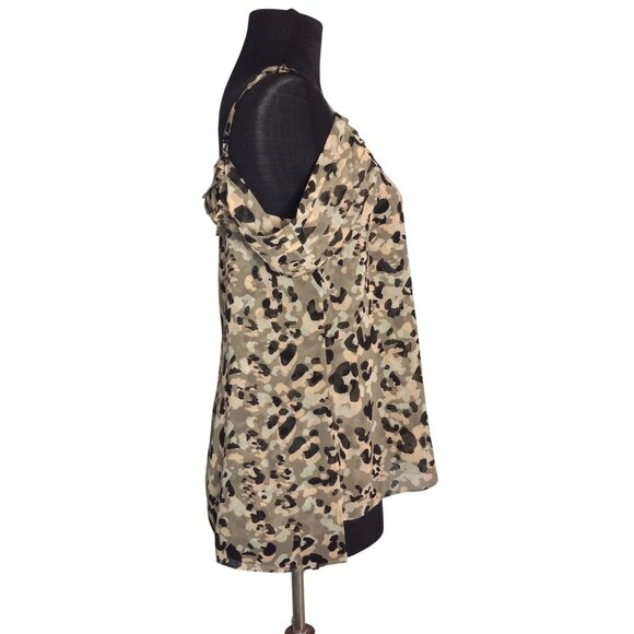 Cabi Size S Tank Top Camouflage Print Tiered Cold Shoulder Pleated Sheer 5360 - Picture 4 of 11